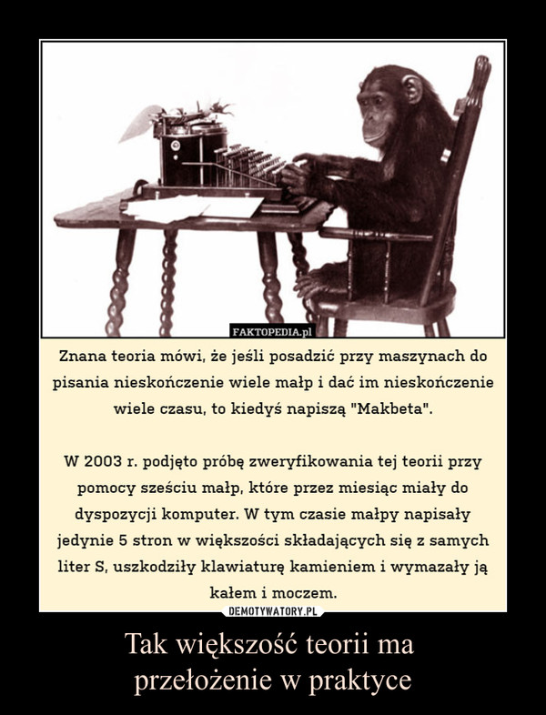 Tak większość teorii ma przełożenie w praktyce –  Znana teoria mówi, że jeśli posadzić przy maszynach dopisania nieskończenie wiele małp i dać im nieskończeniewiele czasu, to kiedyś napiszą "Makbeta".W 2003 r. podjęto próbę zweryfikowania tej teorii przypomocy sześciu małp, które przez miesiąc miały dodyspozycji komputer. W tym czasie małpy napisałyjedynie 5 stron w większości składających się z samychliter S, uszkodziły klawiaturę kamieniem i wymazały jąkałem i moczem.
