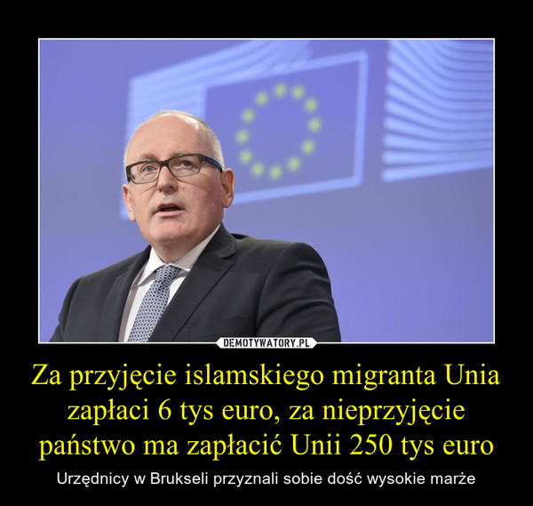 Za przyjęcie islamskiego migranta Unia zapłaci 6 tys euro, za nieprzyjęcie państwo ma zapłacić Unii 250 tys euro