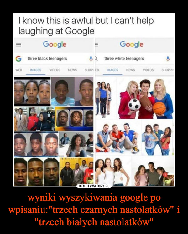 wyniki wyszykiwania google po wpisaniu:"trzech czarnych nastolatków" i "trzech białych nastolatków" –  