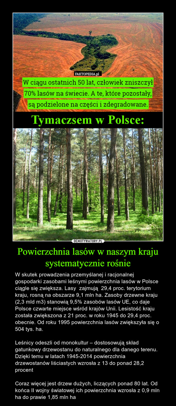Powierzchnia lasów w naszym kraju systematycznie rośnie – W skutek prowadzenia przemyślanej i racjonalnej gospodarki zasobami leśnymi powierzchnia lasów w Polsce ciągle się zwiększa. Lasy  zajmują  29,4 proc. terytorium kraju, rosną na obszarze 9,1 mln ha. Zasoby drzewne kraju (2,3 mld m3) stanowią 9,5% zasobów lasów UE, co daje Polsce czwarte miejsce wśród krajów Unii. Lesistość kraju została zwiększona z 21 proc. w roku 1945 do 29,4 proc. obecnie. Od roku 1995 powierzchnia lasów zwiększyła się o 504 tys. ha.Leśnicy odeszli od monokultur – dostosowują skład gatunkowy drzewostanu do naturalnego dla danego terenu. Dzięki temu w latach 1945-2014 powierzchnia drzewostanów liściastych wzrosła z 13 do ponad 28,2 procentCoraz więcej jest drzew dużych, liczących ponad 80 lat. Od końca II wojny światowej ich powierzchnia wzrosła z 0,9 mln ha do prawie 1,85 mln ha W ciągu ostatnich 50 lat, człowiek zniszczył70% lasów na świecie. A te, które pozostały,|są podzielone na części i zdegradowane