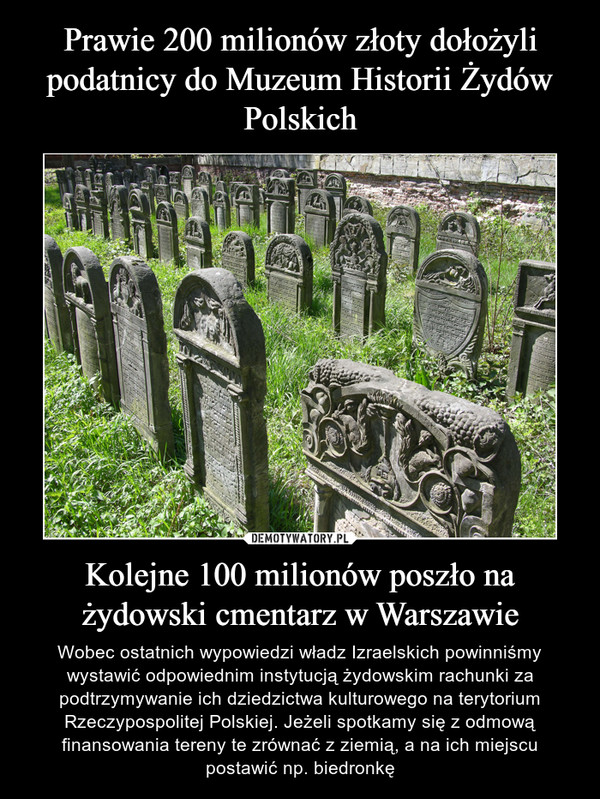 Prawie 200 milionów złoty dołożyli podatnicy do Muzeum Historii Żydów Polskich Kolejne 100 milionów poszło na żydowski cmentarz w Warszawie