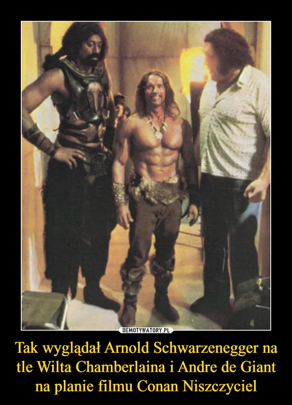 Tak wyglądał Arnold Schwarzenegger na tle Wilta Chamberlaina i Andre de Giant na planie filmu Conan Niszczyciel –  