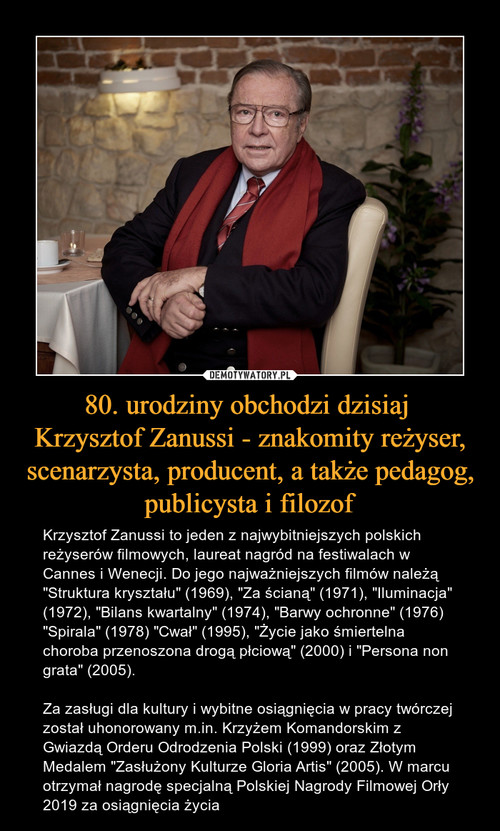 80. urodziny obchodzi dzisiaj 
Krzysztof Zanussi - znakomity reżyser, scenarzysta, producent, a także pedagog, publicysta i filozof