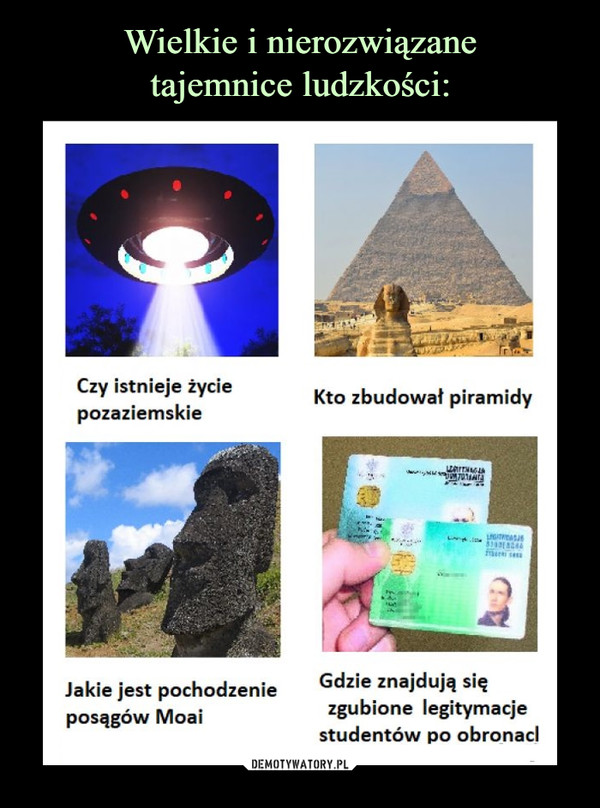  –  Czy istnieje życieKto zbudowat piramidypozaziemskieLarTHAG701HrATASGdzie znajdują sięzgubione legitymacjestudentów po obronaclJakie jest pochodzenieposągów Moai