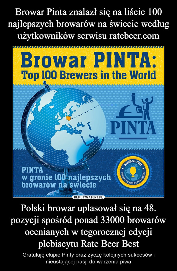 Browar Pinta znalazł się na liście 100 najlepszych browarów na świecie według użytkowników serwisu ratebeer.com Polski browar uplasował się na 48. pozycji spośród ponad 33000 browarów ocenianych w tegorocznej edycji plebiscytu Rate Beer Best