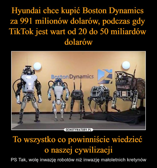 Hyundai chce kupić Boston Dynamics 
za 991 milionów dolarów, podczas gdy 
TikTok jest wart od 20 do 50 miliardów 
dolarów To wszystko co powinniście wiedzieć 
o naszej cywilizacji