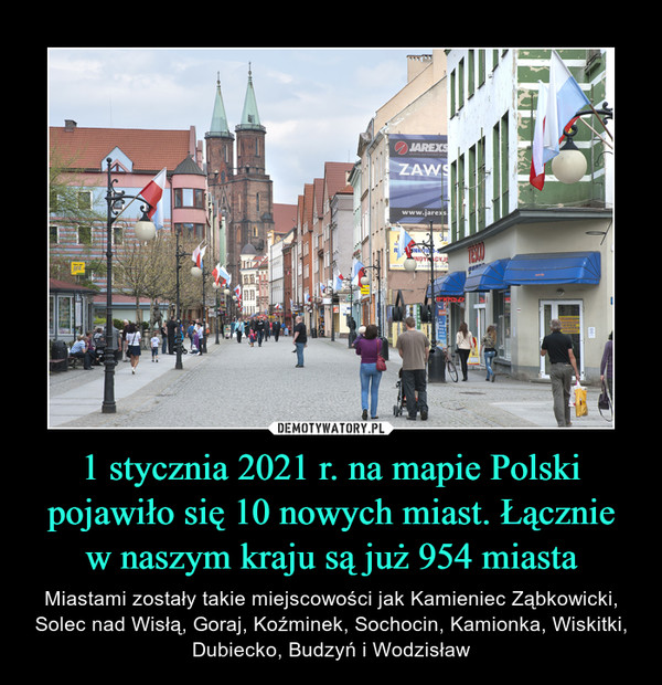 1 stycznia 2021 r. na mapie Polski pojawiło się 10 nowych miast. Łączniew naszym kraju są już 954 miasta – Miastami zostały takie miejscowości jak Kamieniec Ząbkowicki, Solec nad Wisłą, Goraj, Koźminek, Sochocin, Kamionka, Wiskitki, Dubiecko, Budzyń i Wodzisław 