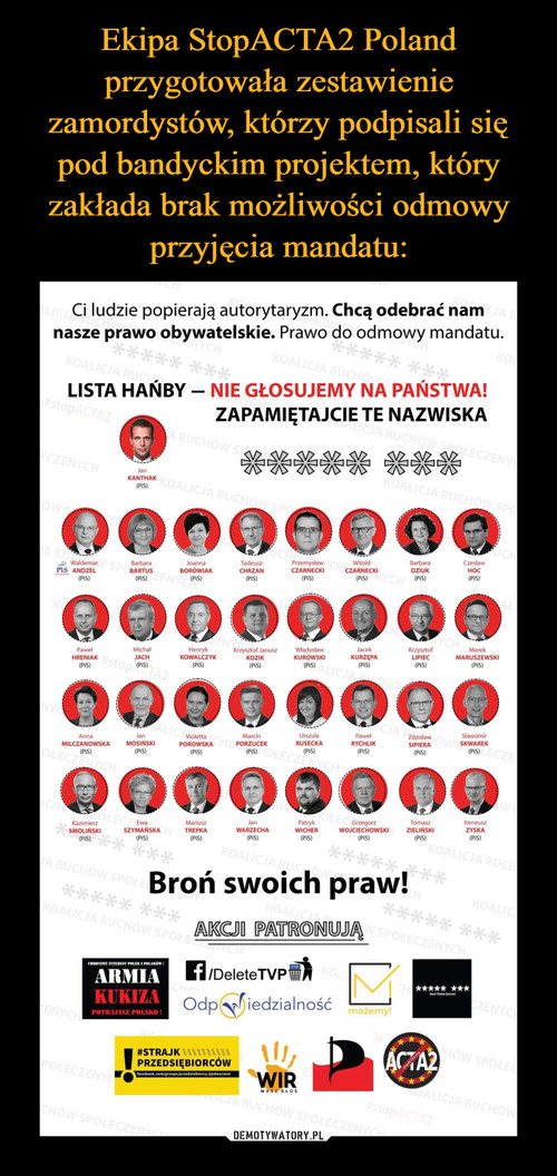 Ekipa StopACTA2 Poland przygotowała zestawienie zamordystów, którzy podpisali się pod bandyckim projektem, który zakłada brak możliwości odmowy przyjęcia mandatu: