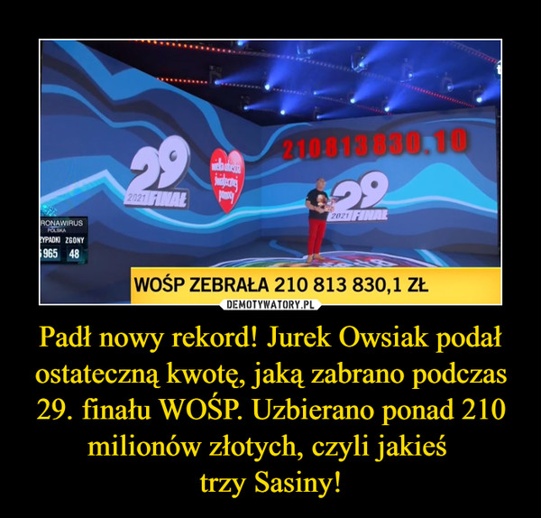 Padł nowy rekord! Jurek Owsiak podał ostateczną kwotę, jaką zabrano podczas 29. finału WOŚP. Uzbierano ponad 210 milionów złotych, czyli jakieś trzy Sasiny! –  