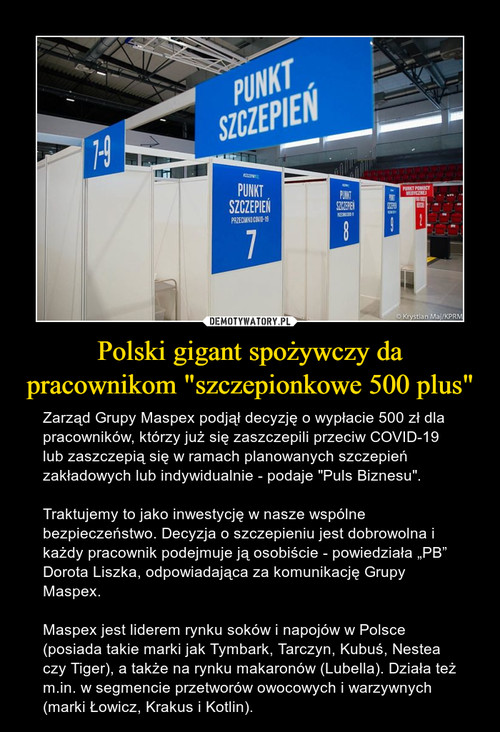 Polski gigant spożywczy da pracownikom "szczepionkowe 500 plus"