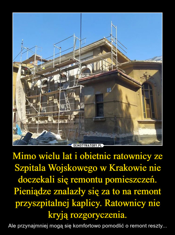 Mimo wielu lat i obietnic ratownicy ze Szpitala Wojskowego w Krakowie nie doczekali się remontu pomieszczeń. Pieniądze znalazły się za to na remont przyszpitalnej kaplicy. Ratownicy nie kryją rozgoryczenia.