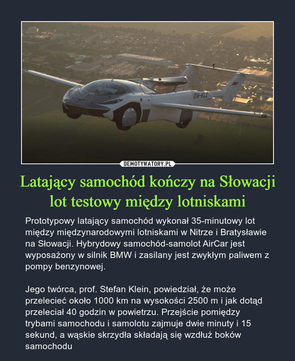 Latający samochód kończy na Słowacji lot testowy między lotniskami