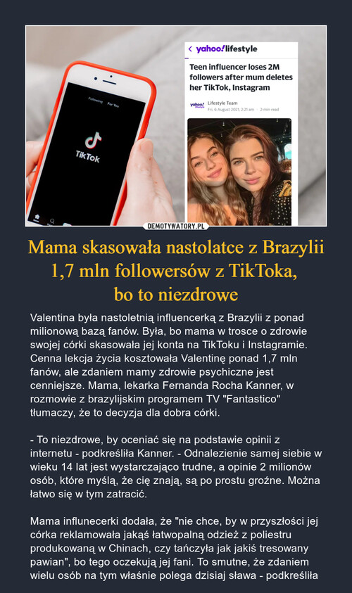 Mama skasowała nastolatce z Brazylii 1,7 mln followersów z TikToka, 
bo to niezdrowe