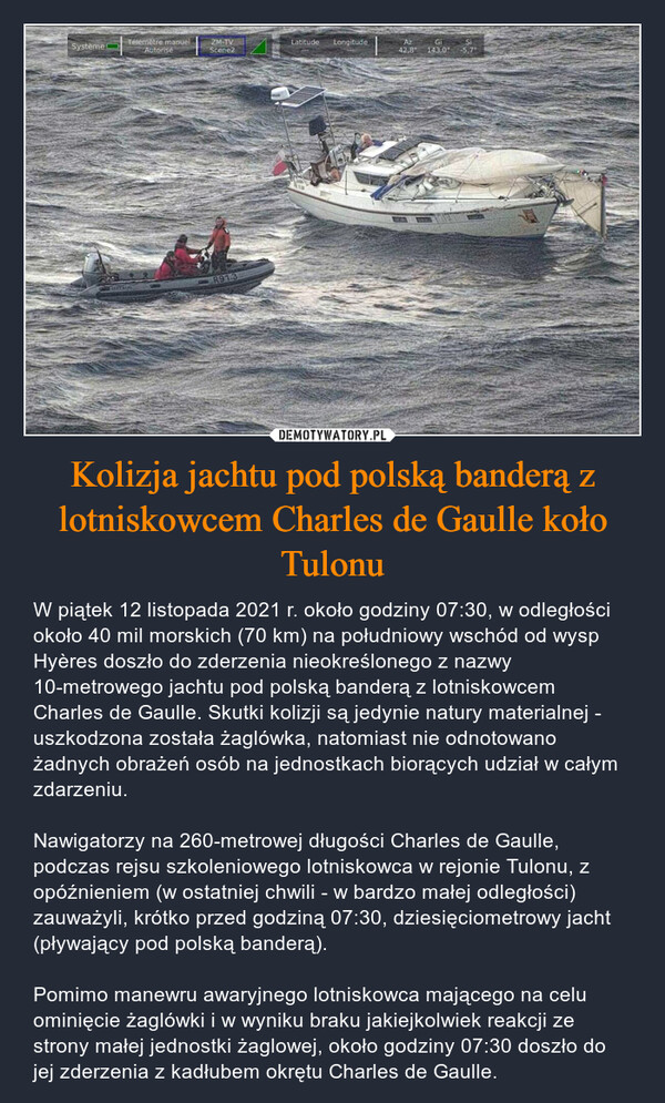 Kolizja jachtu pod polską banderą z lotniskowcem Charles de Gaulle koło Tulonu