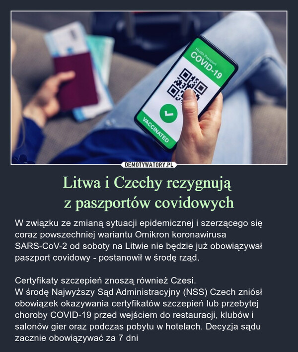 Litwa i Czechy rezygnują 
z paszportów covidowych
