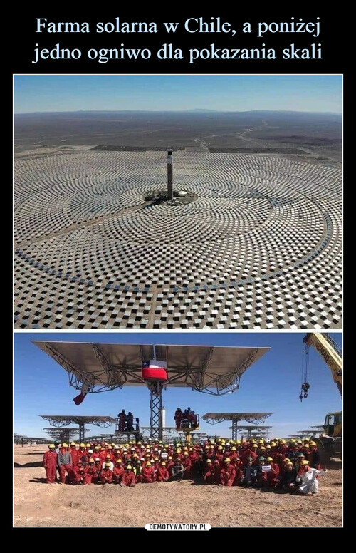 Farma solarna w Chile, a poniżej jedno ogniwo dla pokazania skali