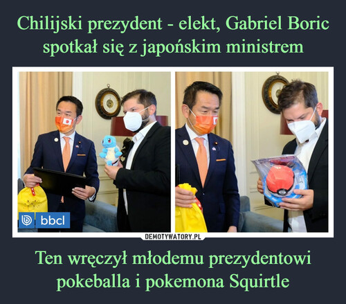 Chilijski prezydent - elekt, Gabriel Boric
spotkał się z japońskim ministrem Ten wręczył młodemu prezydentowi
pokeballa i pokemona Squirtle