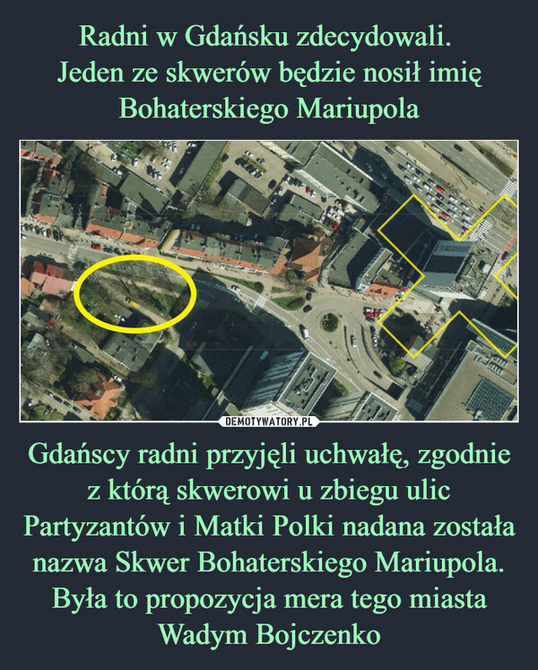 Gdańscy radni przyjęli uchwałę, zgodnie z którą skwerowi u zbiegu ulic Partyzantów i Matki Polki nadana została nazwa Skwer Bohaterskiego Mariupola. Była to propozycja mera tego miasta Wadym Bojczenko –  