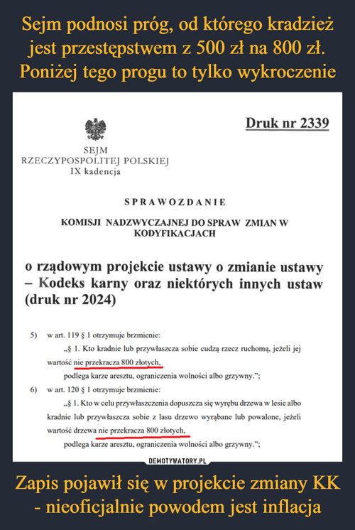 Sejm podnosi próg, od którego kradzież jest przestępstwem z 500 zł na 800 zł. Poniżej tego progu to tylko wykroczenie Zapis pojawił się w projekcie zmiany KK - nieoficjalnie powodem jest inflacja