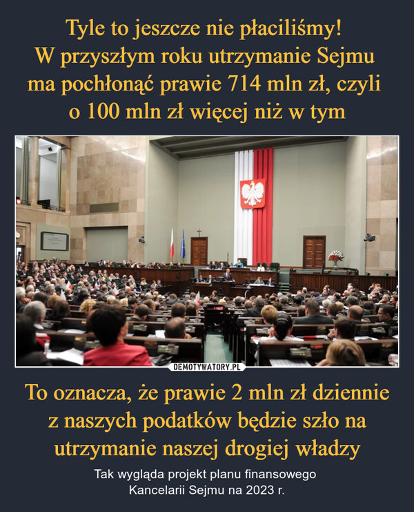To oznacza, że prawie 2 mln zł dziennie z naszych podatków będzie szło na utrzymanie naszej drogiej władzy – Tak wygląda projekt planu finansowego Kancelarii Sejmu na 2023 r. 