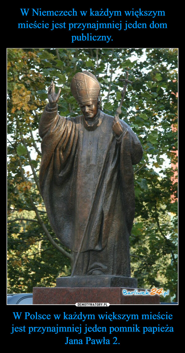 W Polsce w każdym większym mieście jest przynajmniej jeden pomnik papieża Jana Pawła 2. –  
