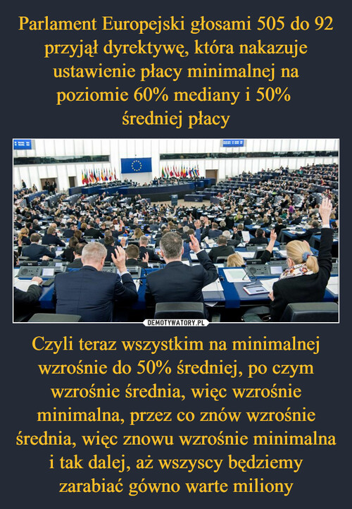 Parlament Europejski głosami 505 do 92 przyjął dyrektywę, która nakazuje ustawienie płacy minimalnej na poziomie 60% mediany i 50% 
średniej płacy Czyli teraz wszystkim na minimalnej wzrośnie do 50% średniej, po czym wzrośnie średnia, więc wzrośnie minimalna, przez co znów wzrośnie średnia, więc znowu wzrośnie minimalna i tak dalej, aż wszyscy będziemy zarabiać gówno warte miliony