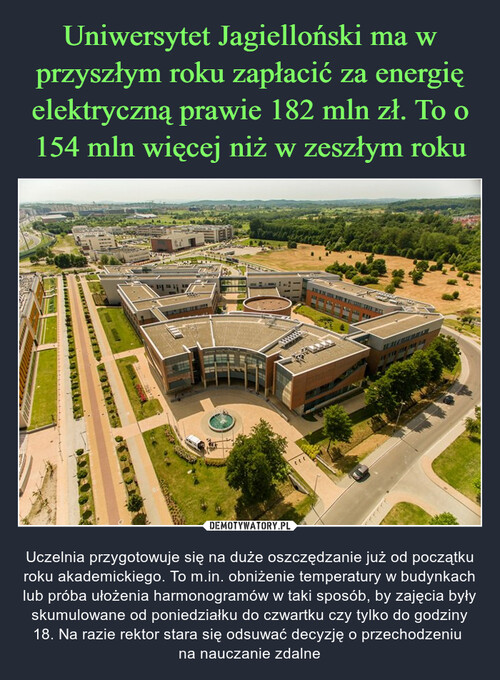 Uniwersytet Jagielloński ma w przyszłym roku zapłacić za energię elektryczną prawie 182 mln zł. To o 154 mln więcej niż w zeszłym roku