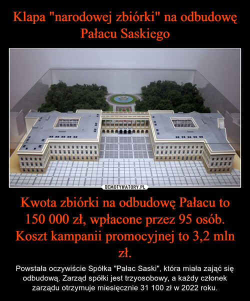 Klapa "narodowej zbiórki" na odbudowę Pałacu Saskiego Kwota zbiórki na odbudowę Pałacu to 150 000 zł, wpłacone przez 95 osób. Koszt kampanii promocyjnej to 3,2 mln zł.