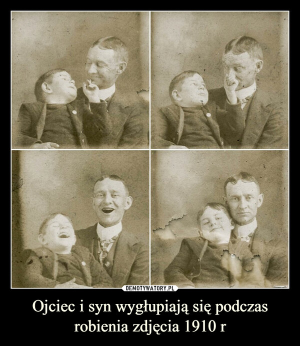 Ojciec i syn wygłupiają się podczas robienia zdjęcia 1910 r –  