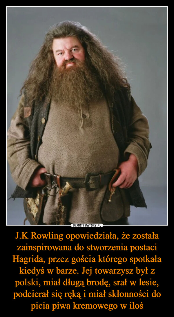 J.K Rowling opowiedziała, że została zainspirowana do stworzenia postaci Hagrida, przez gościa którego spotkała kiedyś w barze. Jej towarzysz był z polski, miał długą brodę, srał w lesie, podcierał się ręką i miał skłonności do picia piwa kremowego w iloś –  