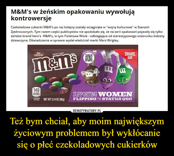 Też bym chciał, aby moim największym życiowym problemem był wykłócanie się o płeć czekoladowych cukierków –  M&M w żeńskim opakowaniu wywołują kontrowersje