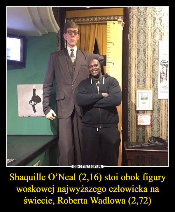 Shaquille O’Neal (2,16) stoi obok figury woskowej najwyższego człowieka na świecie, Roberta Wadlowa (2,72)