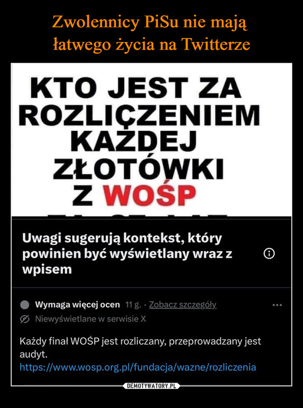  –  KTO JEST ZAROZLICZENIEMKAŻDEJZŁOTÓWKIZ WOSPUwagi sugerują kontekst, którypowinien być wyświetlany wraz zwpisemWymaga więcej ocen 11 g. Zobacz szczegóły.Niewyświetlane w serwisie XKażdy finał WOŚP jest rozliczany, przeprowadzany jestaudyt.https://www.wosp.org.pl/fundacja/wazne/rozliczenia✪...