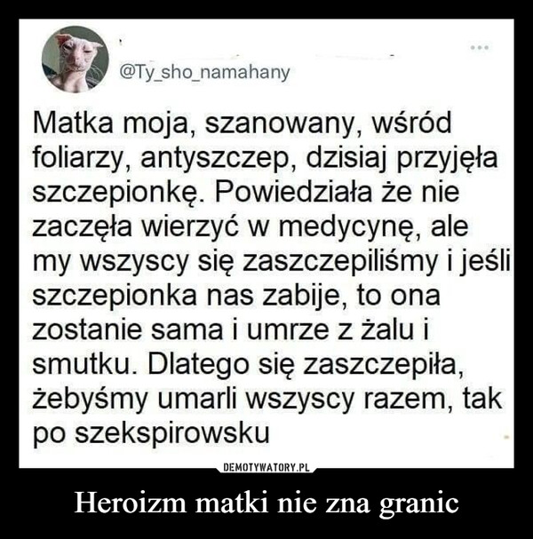 Heroizm matki nie zna granic –  @Ty_sho_namahanyMatka moja, szanowany, wśródfoliarzy, antyszczep, dzisiaj przyjęłaszczepionkę. Powiedziała że niezaczęła wierzyć w medycynę, alemy wszyscy się zaszczepiliśmy i jeśliszczepionka nas zabije, to onazostanie sama i umrze z żalu ismutku. Dlatego się zaszczepiła,żebyśmy umarli wszyscy razem, takpo szekspirowsku