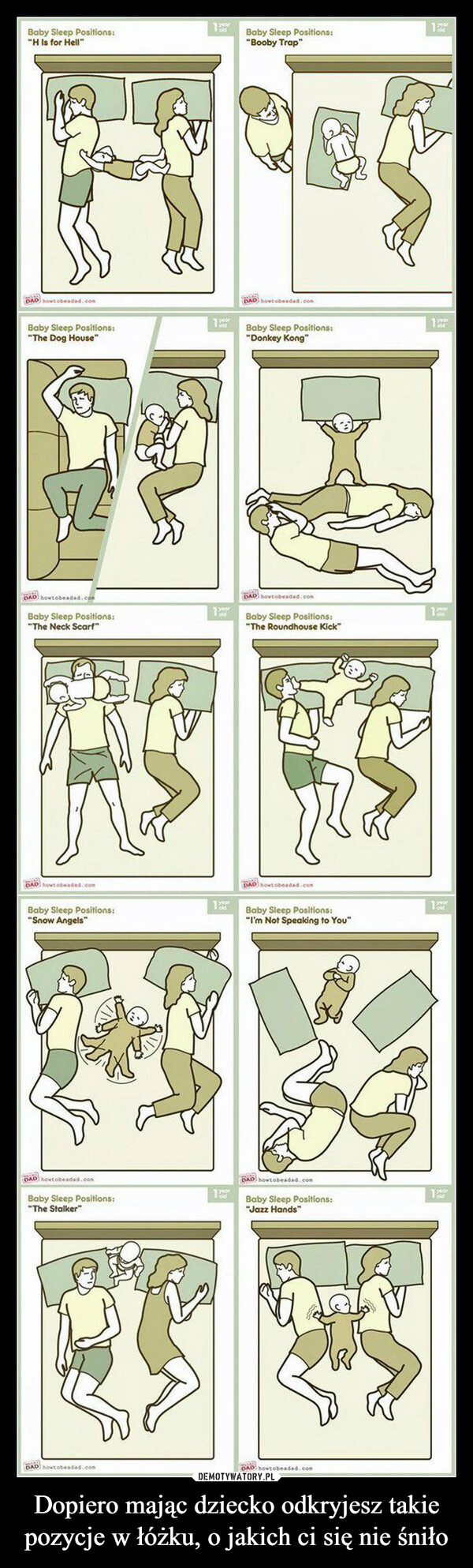 Dopiero mając dziecko odkryjesz takie pozycje w łóżku, o jakich ci się nie śniło –  Baby Sleep Positions:"H Is for Hell"Baby Sleep Positions:"Booby Trap"DAD howtobeadad.comBaby Sleep Positions:"The Dog House"DAD howtobeadad.com1Baby Sleep Positions:"Donkey Kong"DAD howtobeaded.comBaby Sleep Positions:old"The Neck Scarf"howtobeadad.comBaby Sleep Positions:"The Roundhouse Kick"howtobeadad.comBaby Sleep Positions:"Snow Angels"howtobeadad.comBaby Sleep Positions:"I'm Not Speaking to You"DAD howtobeadad.comDAD howtobeadad.comyearBaby Sleep Positions:"The Stalker"Baby Sleep Positions:"Jazz Hands"DAD howtobeadad.comDAD howtobeadad.com1old
